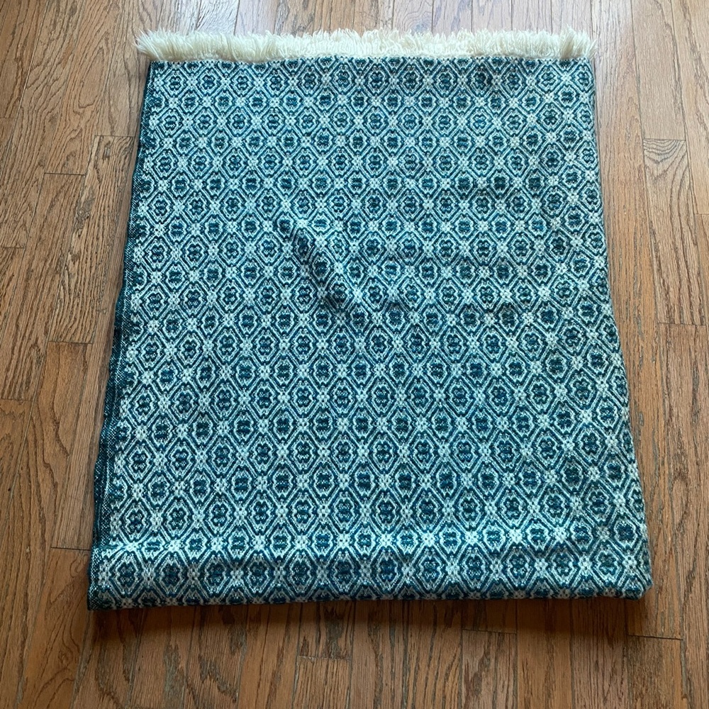Antique 1920’s Throw Blanket Wool Woven Green  Cream Fringe 81”x 64” Perfect